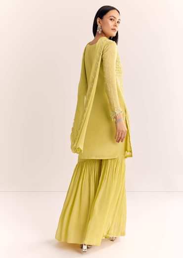 Yellow Chinon Sharara Dupatta Suit With Cutdana Moti And Sequins