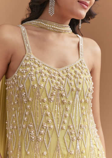 Yellow Chinon Sharara Suit With Beads And Moti Work
