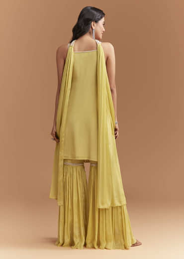 Yellow Chinon Sharara Suit With Beads And Moti Work