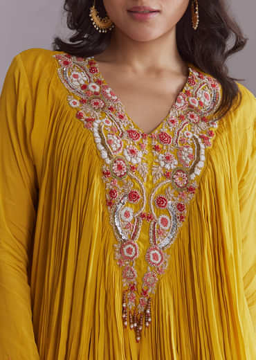 Yellow Chinon Sharara Suit With Embroidery