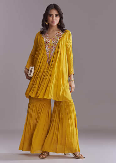 Yellow Chinon Sharara Suit With Embroidery