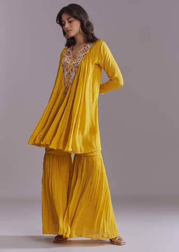 Yellow Chinon Sharara Suit With Embroidery