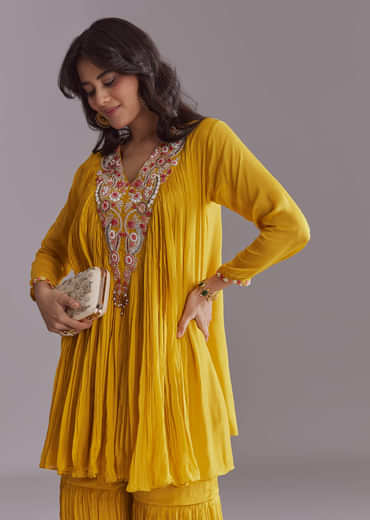 Yellow Chinon Sharara Suit With Embroidery
