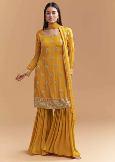 Yellow Chinon Sharara Suit With Intricate Cutdana Work