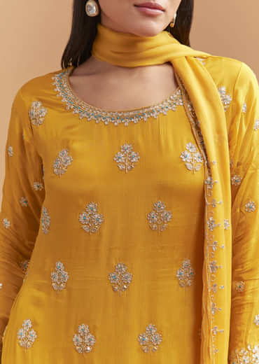Yellow Chinon Sharara Suit With Intricate Cutdana Work