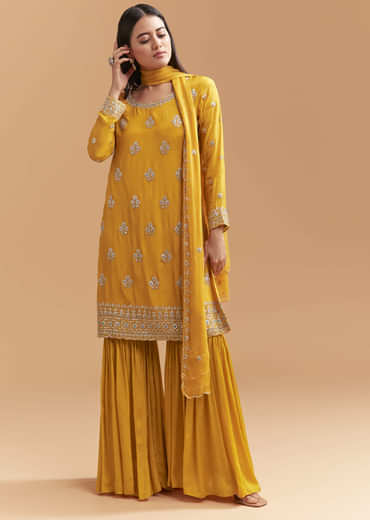 Yellow Chinon Sharara Suit With Intricate Cutdana Work