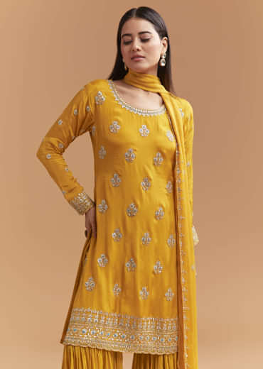 Yellow Chinon Sharara Suit With Intricate Cutdana Work