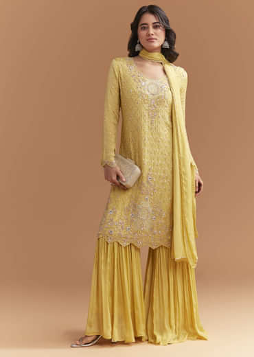 Yellow Chinon Sharara Suit With Sequins And Cutdana Work