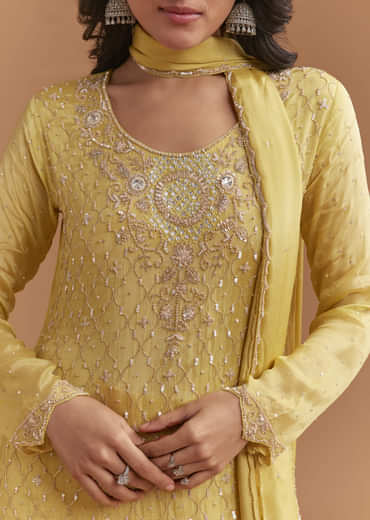 Yellow Chinon Sharara Suit With Sequins And Cutdana Work