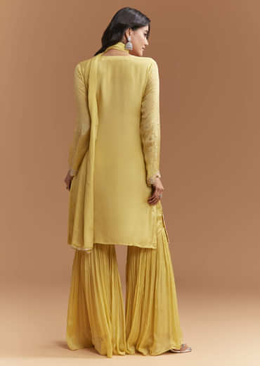 Yellow Chinon Sharara Suit With Sequins And Cutdana Work