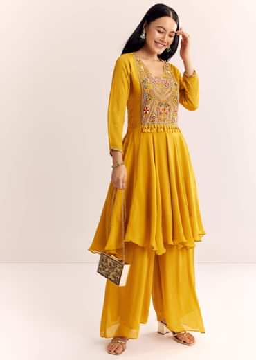 Yellow Chinon Zardosi Kurta Palazzo Suit