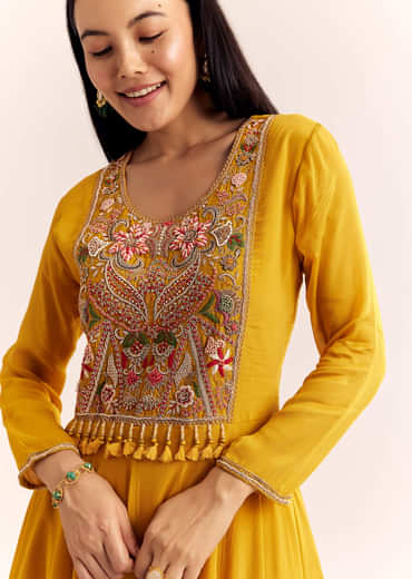 Yellow Chinon Zardosi Kurta Palazzo Suit