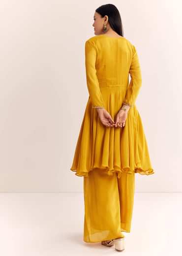 Yellow Chinon Zardosi Kurta Palazzo Suit