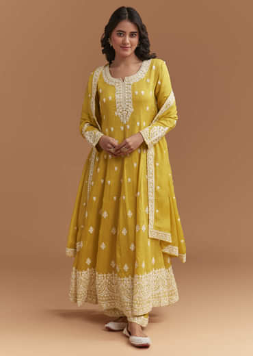 Yellow Cotton Anarkali Suit With Delicate Resham Work