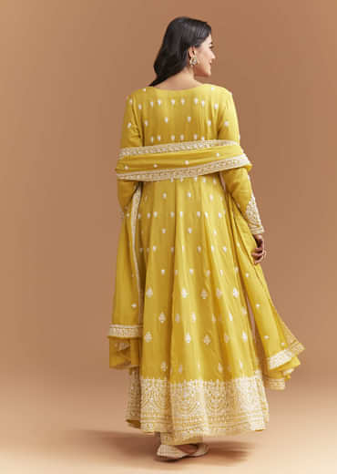 Yellow Cotton Anarkali Suit With Delicate Resham Work