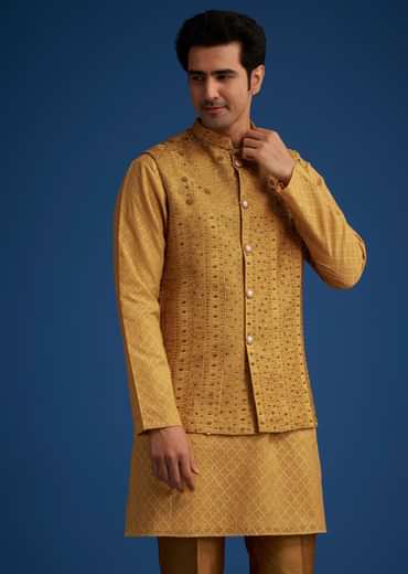 Yellow Cotton Linen Jacket With Stone And Thread Embroidery
