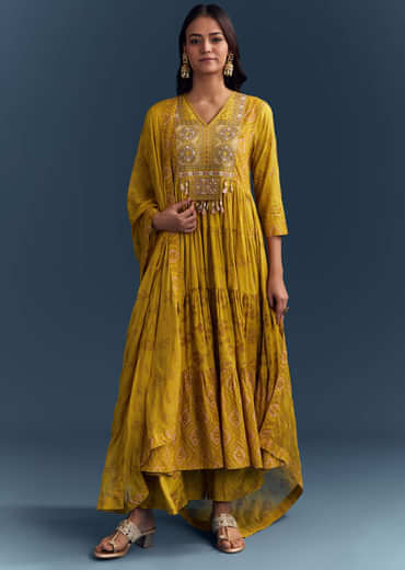 Yellow Cotton Printed Anarkali Suit With Mirror And Thread Embroidery