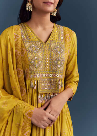 Yellow Cotton Printed Anarkali Suit With Mirror And Thread Embroidery