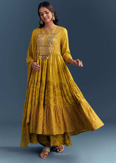 Yellow Cotton Printed Anarkali Suit With Mirror And Thread Embroidery