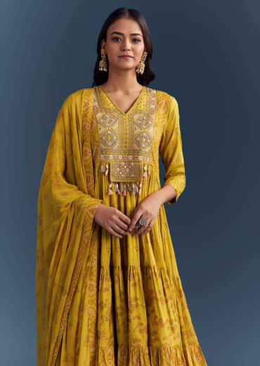 Yellow Cotton Printed Anarkali Suit With Mirror And Thread Embroidery