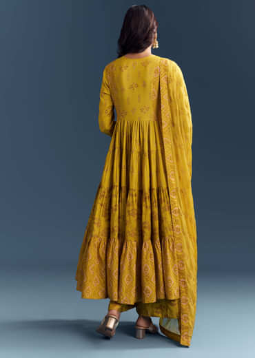 Yellow Cotton Printed Anarkali Suit With Mirror And Thread Embroidery