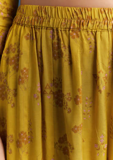 Yellow Cotton Printed Anarkali Suit With Mirror And Thread Embroidery
