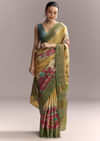 Yellow Cotton Saree With Hand Painted Motifs And Green Border