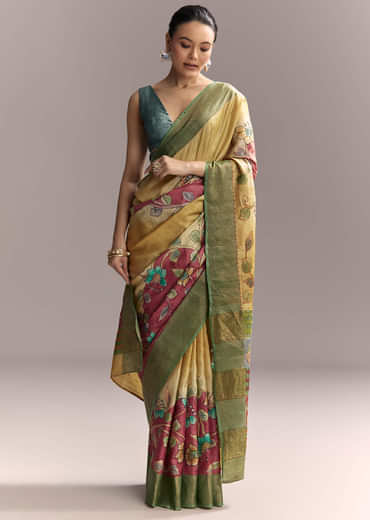 Yellow Cotton Saree With Hand Painted Motifs And Green Border