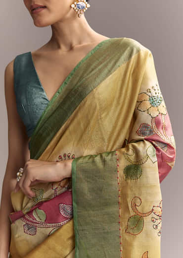 Yellow Cotton Saree With Hand Painted Motifs And Green Border