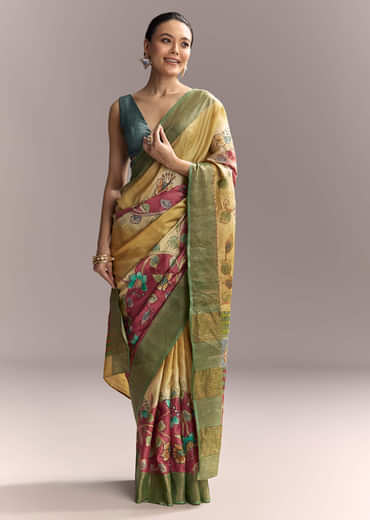 Yellow Cotton Saree With Hand Painted Motifs And Green Border