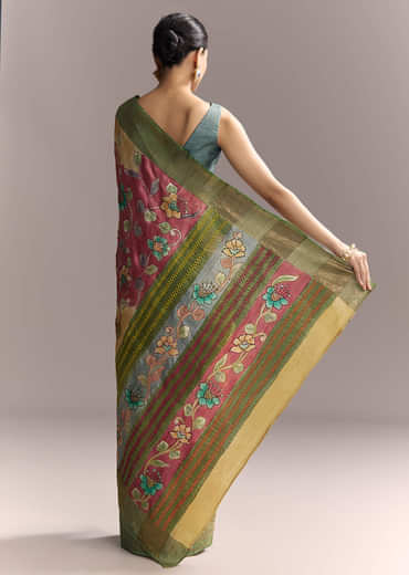 Yellow Cotton Saree With Hand Painted Motifs And Green Border