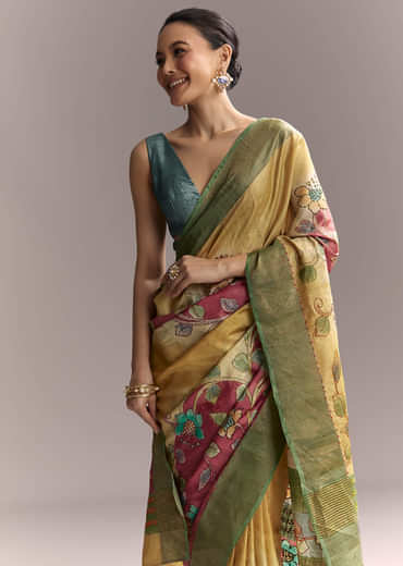 Yellow Cotton Saree With Hand Painted Motifs And Green Border