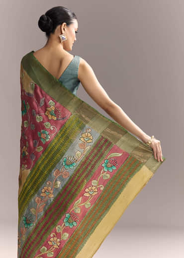 Yellow Cotton Saree With Hand Painted Motifs And Green Border