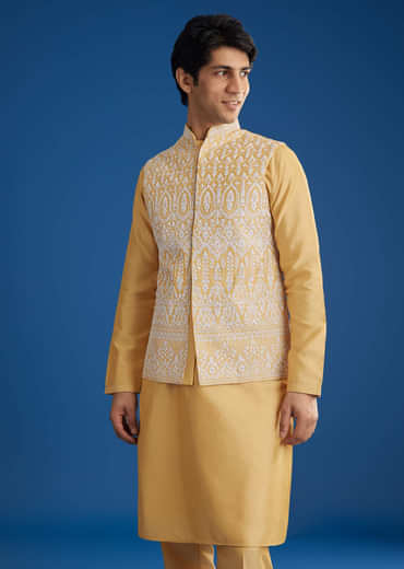 Yellow Cotton Silk Jacket Kurta Set With Threadwork