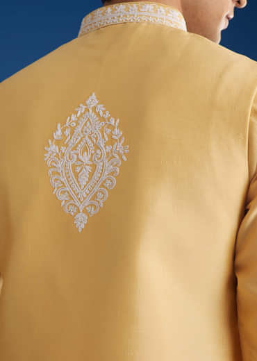 Yellow Cotton Silk Jacket Kurta Set With Threadwork