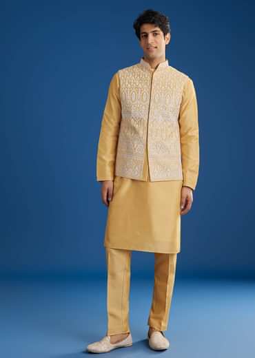 Yellow Cotton Silk Jacket Kurta Set With Threadwork