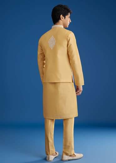 Yellow Cotton Silk Jacket Kurta Set With Threadwork