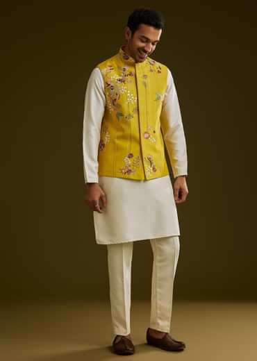 Yellow Cotton Silk Kurta Set With Floral Embroidered Jacket