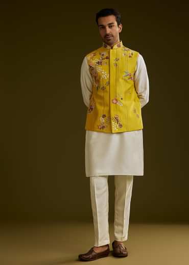 Yellow Cotton Silk Kurta Set With Floral Embroidered Jacket