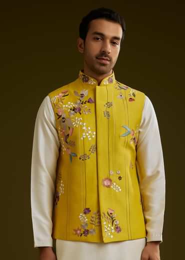 Yellow Cotton Silk Kurta Set With Floral Embroidered Jacket