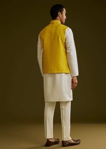 Yellow Cotton Silk Kurta Set With Floral Embroidered Jacket