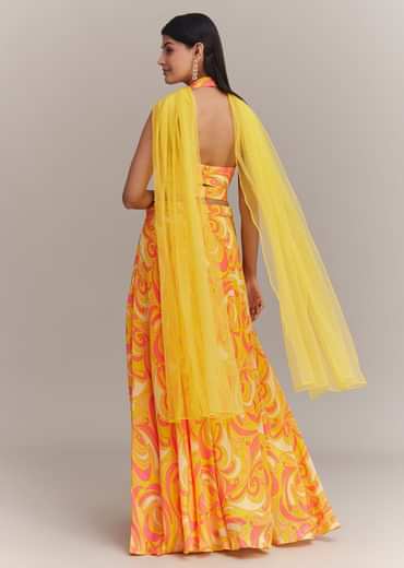 Yellow Crepe Abstract Printed Embroidered Lehenga Set