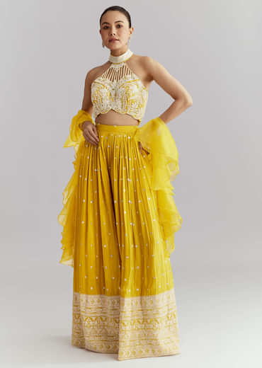 Yellow Crepe Crop Top Palazzo Pant Set With Embroidery