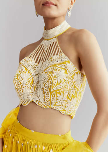 Yellow Crepe Crop Top Palazzo Pant Set With Embroidery