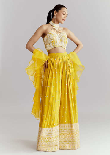 Yellow Crepe Crop Top Palazzo Pant Set With Embroidery