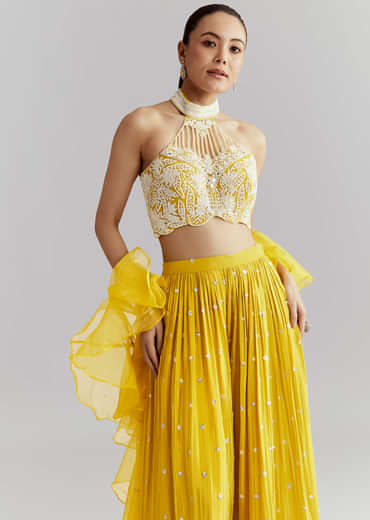 Yellow Crepe Crop Top Palazzo Pant Set With Embroidery