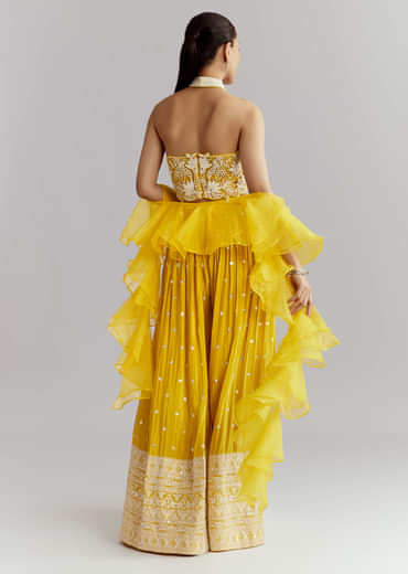 Yellow Crepe Crop Top Palazzo Pant Set With Embroidery