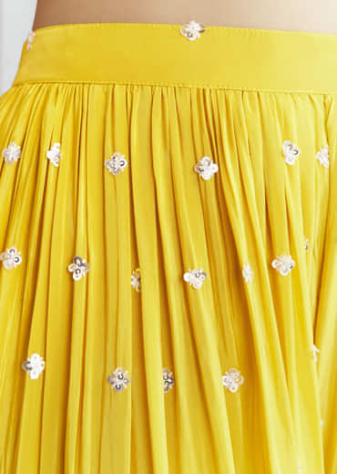 Yellow Crepe Crop Top Palazzo Pant Set With Embroidery