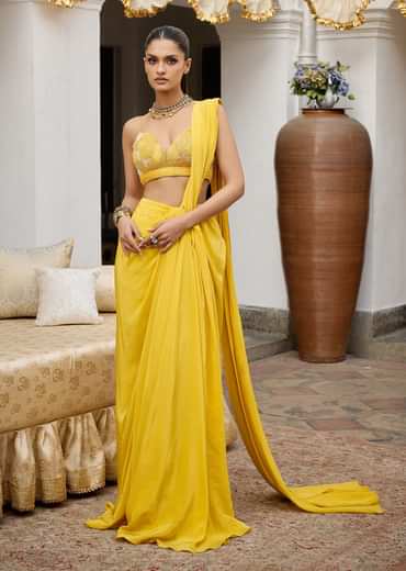 Yellow Crepe Draped Saree With Embroidered Blouse