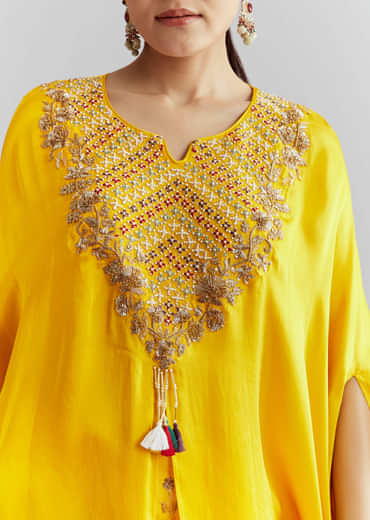Yellow Crepe Indo Western Set With Heavy Hand Embroidery